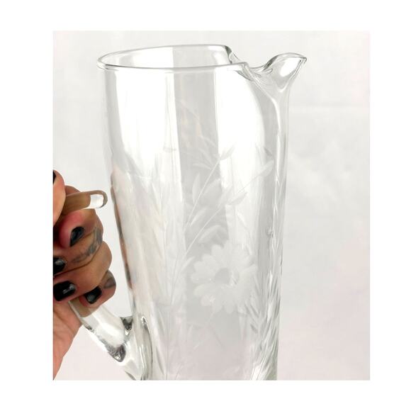 Vintage Mid Century Modern Floral Etched Tall Glass Pitcher 9" Hand Blown - Picture 9 of 13